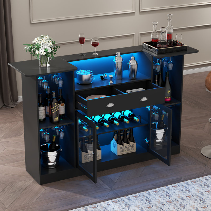 Wrought Studio™ Kodeah 62.99'' Bar Table Cabinet with LED & Drawer